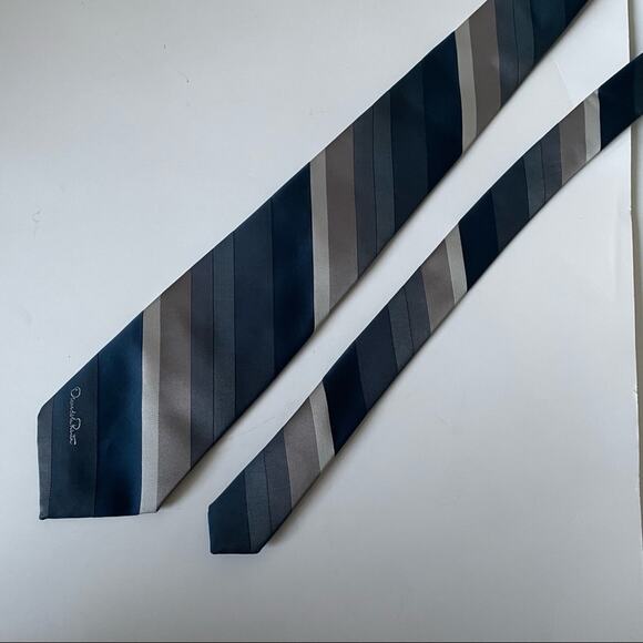 Oscar de la Renta Vintage Tie Silk Blend Gray Blue Stripe Made in USA EUC - Picture 2 of 6